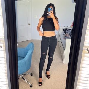 Ripped Black Denim Hollister Jeans — good condition — high rise super skinny